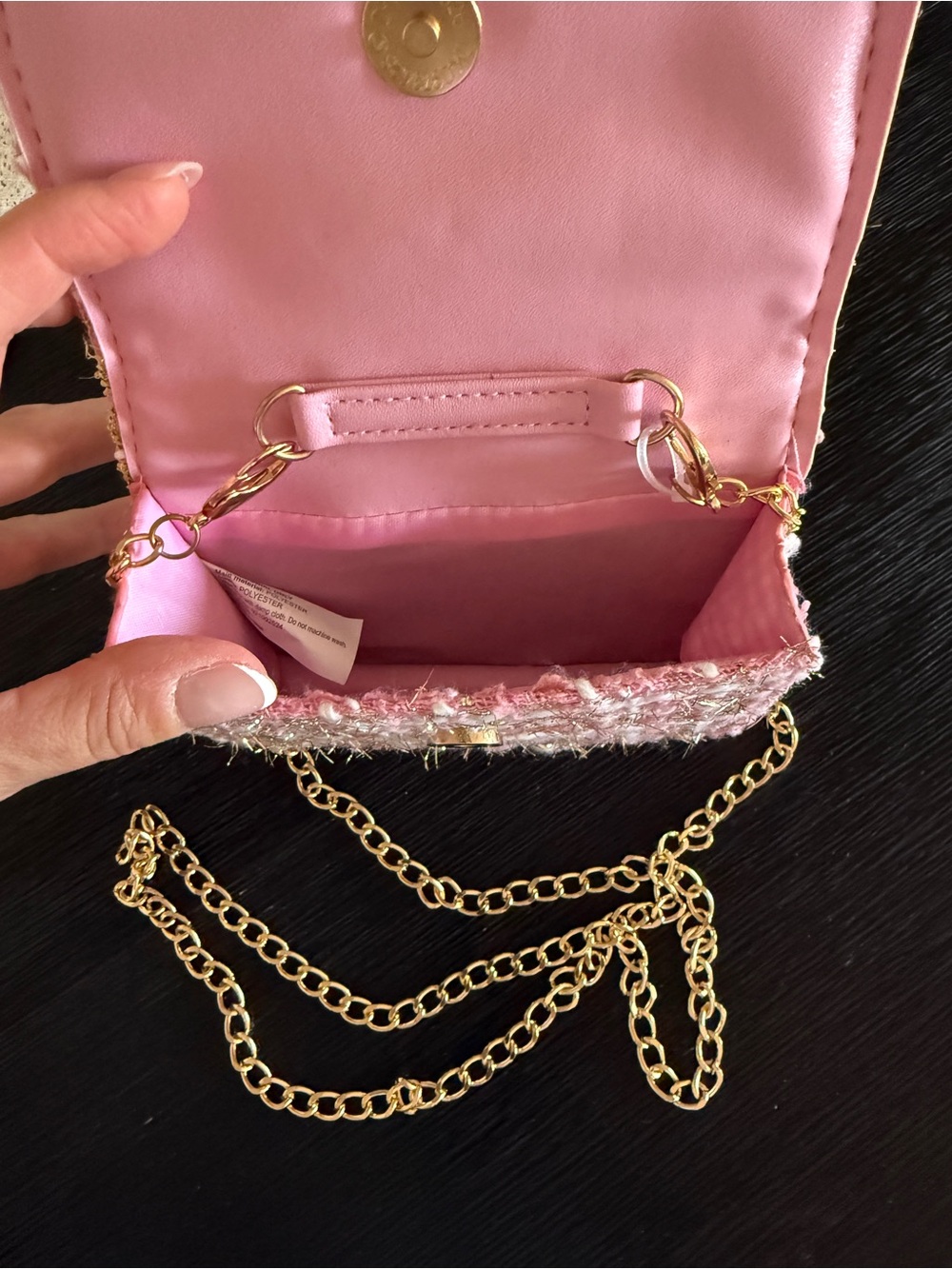 Girls Pink Tweed Mini Purse, Pearl Handle,Bow & Gold Chain,Dress Up Handbag - Picture 3 of 3